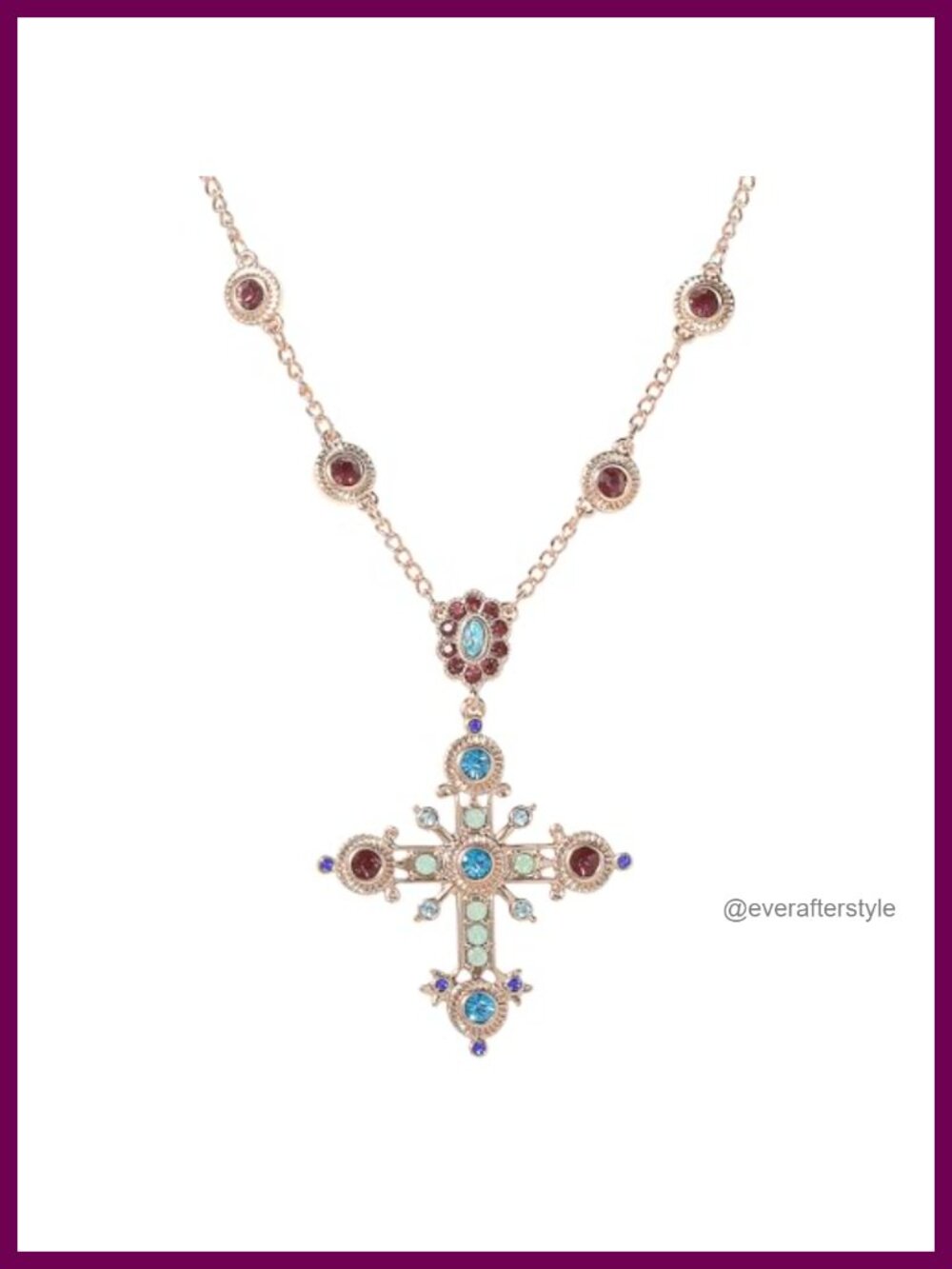 Gold Tone Pave Cross Necklace Multicolored Glass Stone